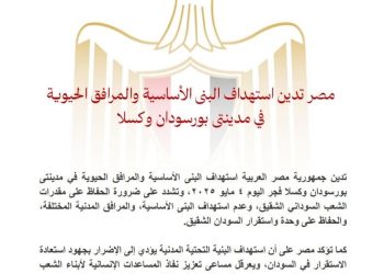 مصر تدين استهداف البنى الأساسية والمرافق الحيوية في مدينتى بورسودان وكسلا