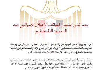 مصر تدين استمرار انتهاكات الاحتلال الإسرائيلي ضد المدنيين الفلسطينيين