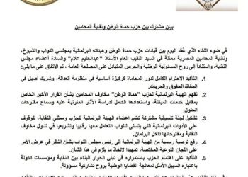 نقابة المحامين وحزب حماة الوطن يصدران بياناً مشتركاً بشأن أزمة الرسوم القضائية